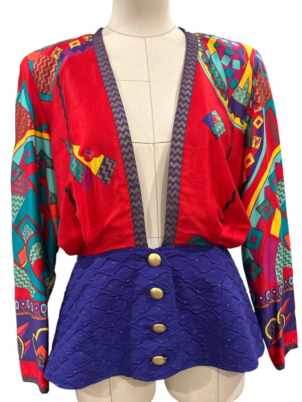 80’s Jeanne Marc multicolored, geometric, peplum jacket, purple, red size medium